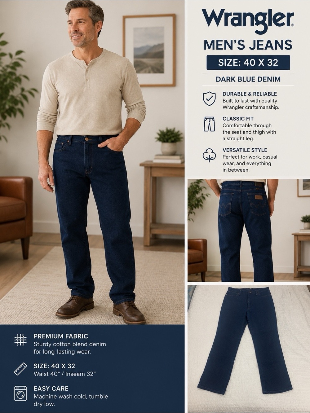 👖NWT- Wrangler Men's Dark Blue Straight-Leg Jeans